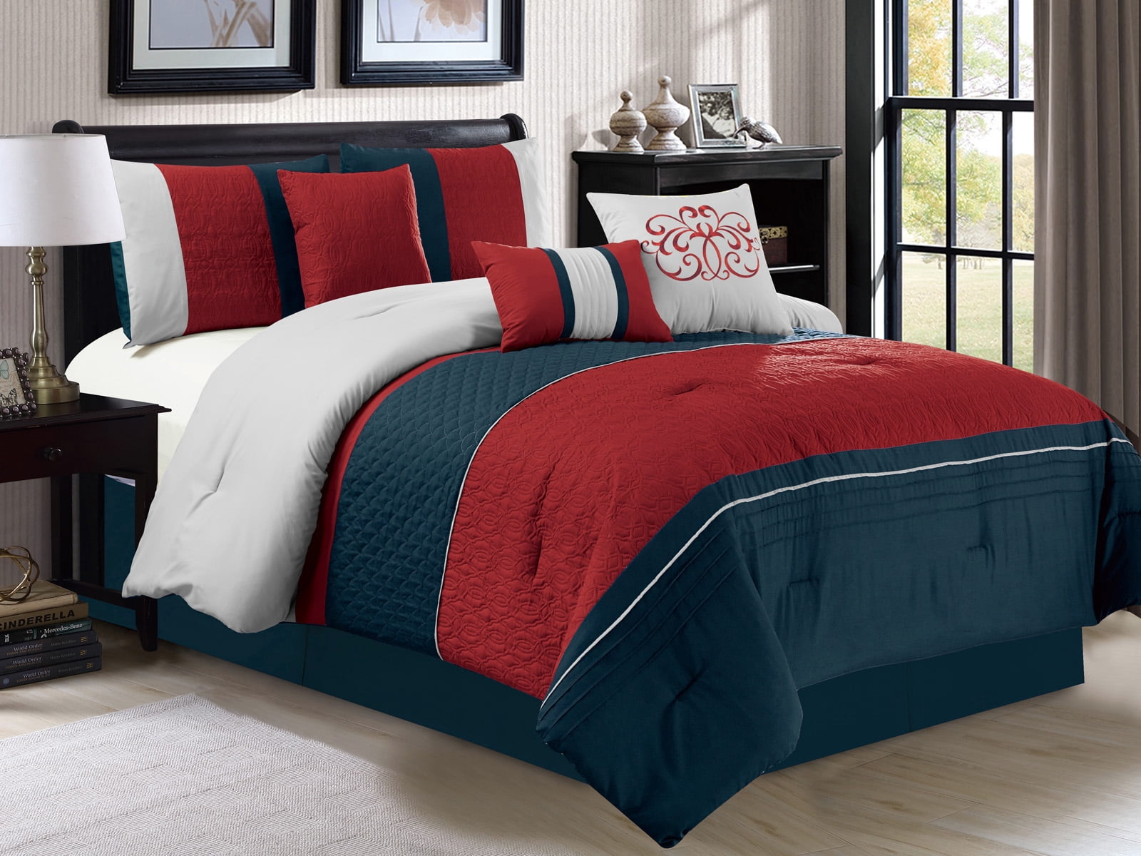 7Pc Clamshell Trellis Scroll Embossed Pleated Striped Comforter Set