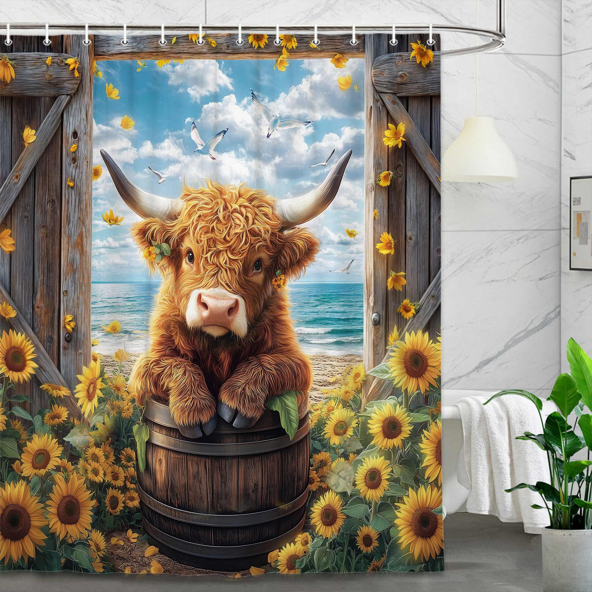 Funny Highland Cow Shower Curtain, Farmhouse Summer Beach Sunflower Western Bathroom Decor Set, Rustic Barn Door Waterproof Fabric Bath Curtains with Hooks, 72X72in