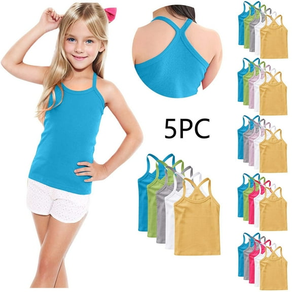 HomeDM Girls Undershirts Solid Color Athletic Tank Tops 5 Pack Racerback Sleeveless Soft Cotton Sports Dance Workout Tops 12Months-13Years