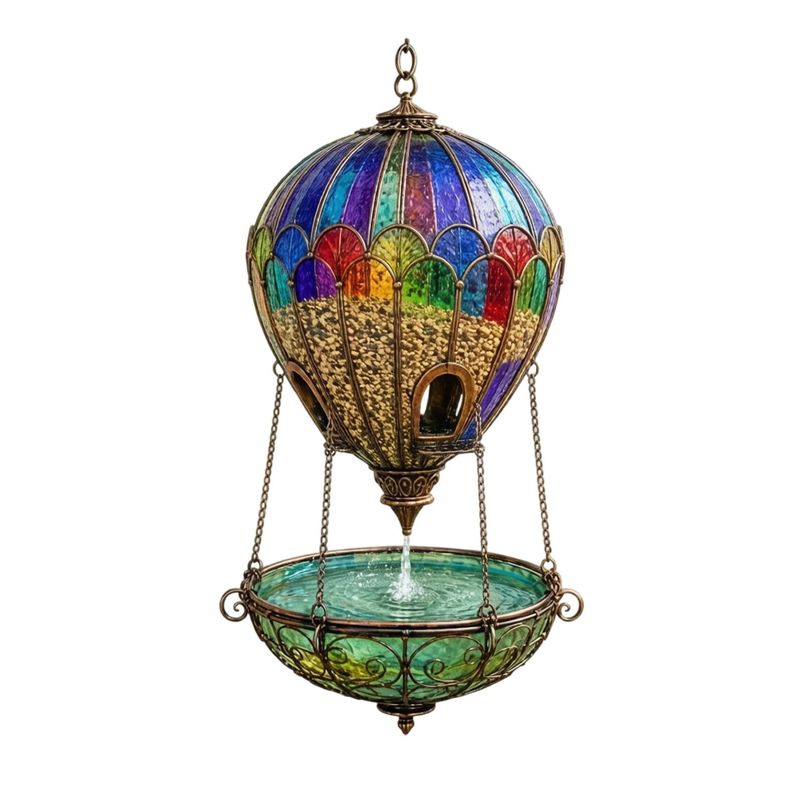 Hanging Stained Glass Hot Air Balloon Bird Feeder With Bath, Outdoor Wild Bird Feeding Station For Yard Green-35Cm