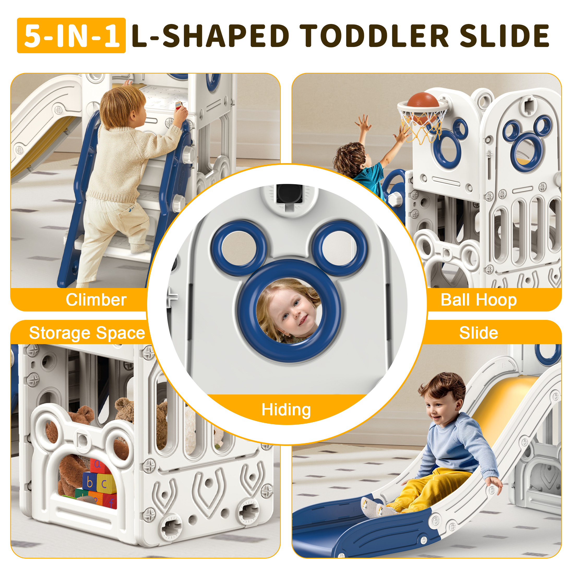 Zifadola Sturdy Kids Slide, 4 in 1 Toddler Slide and Climber Playset with Basketball Hoop, Blue