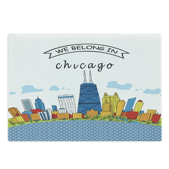Landscape Cutting Board, Chicago Skyline Cartoon Colorful City View Cityscape Personalized USA American, Decorative Tempered Glass Cutting and Serving Board, Large Size, Multicolor, by Ambesonne