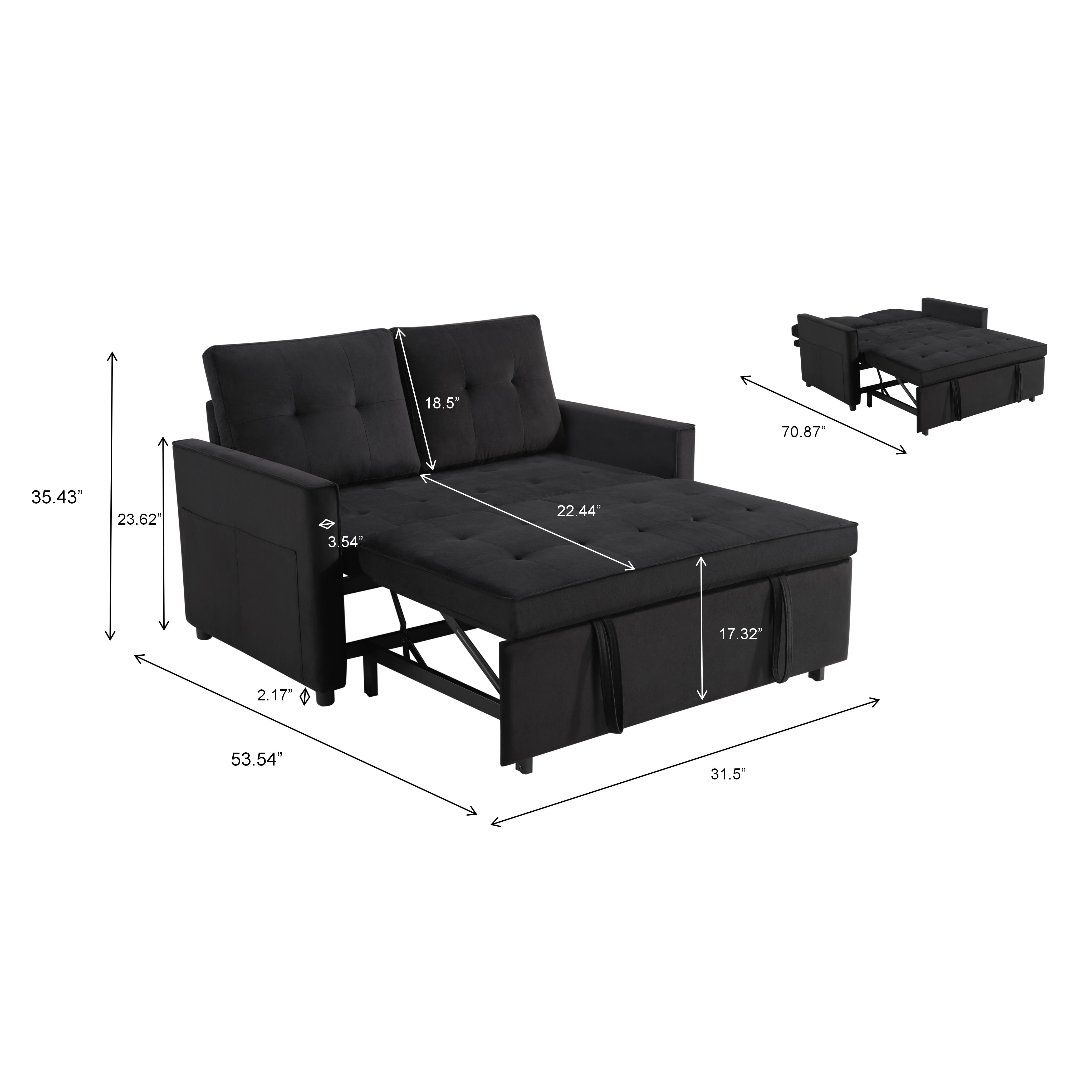 BSHTI 3-in-1 Convertible Sleeper Sofa Bed – Modern Pull-Out Loveseat with Adjustable Backrest, Velvet Upholstery, Side Storage Pockets, for Apartments & Small Spaces, Black