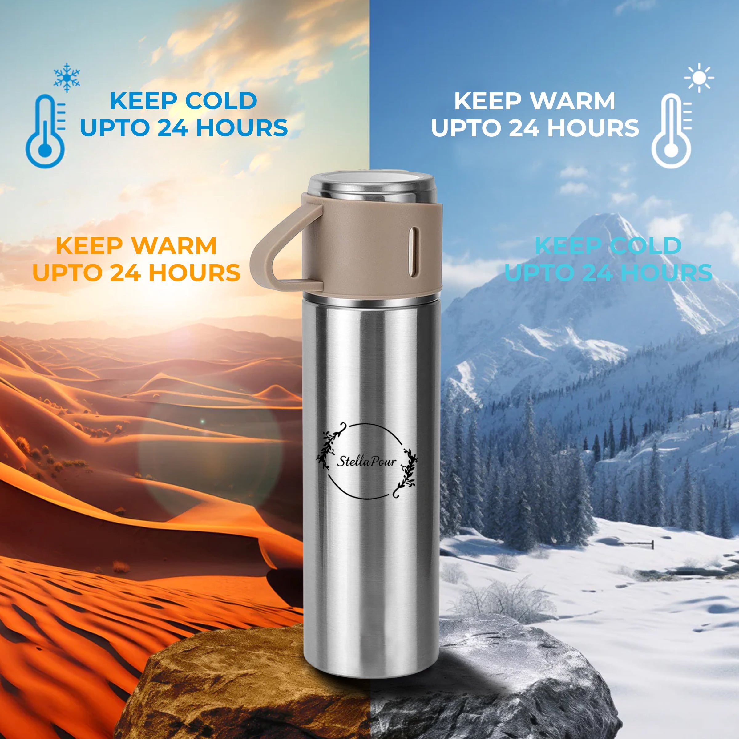 Stella Pour Stainless Steel Vacuum Insulated Water Bottle with Cup – 500ml/16.9oz Thermo Flask, Hot & Cold Coffee Thermos, Leakproof BPA-Free Travel Flask – BROWN