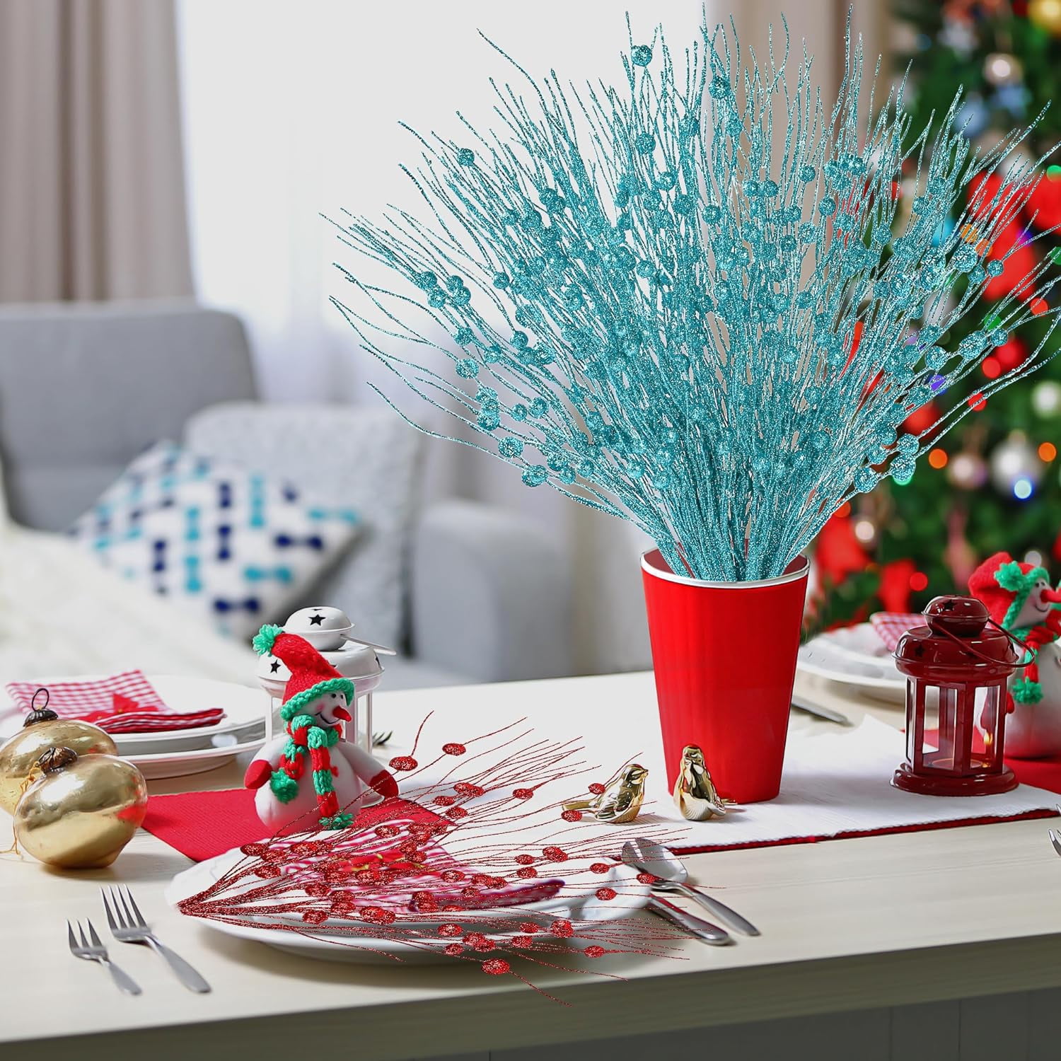 24 Pack Artificial Glitter Berry Stem Ornaments 17 Inches Fake Christmas Picks Decorative Glitter Sticks for Christmas Tree DIY Wreath Crafts Gift Fireplace Holiday Home Decor (Pink)