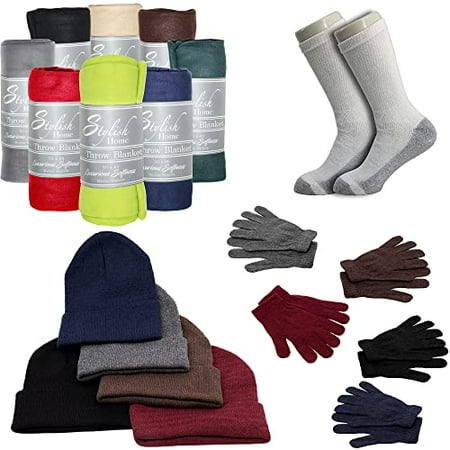 

Homeless Care Package Supplies - Bulk Case of 12 Winter Sets 12 Socks 12 Winter Thin Throw Blankets