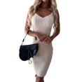 thumbnail image 3 of Women'S 2 Piece Sets Long-Sleeved Sweater Round-Neck Knitted Crop Top and V-Neck Slim Midi Dress Cream White XXXL, 3 of 8