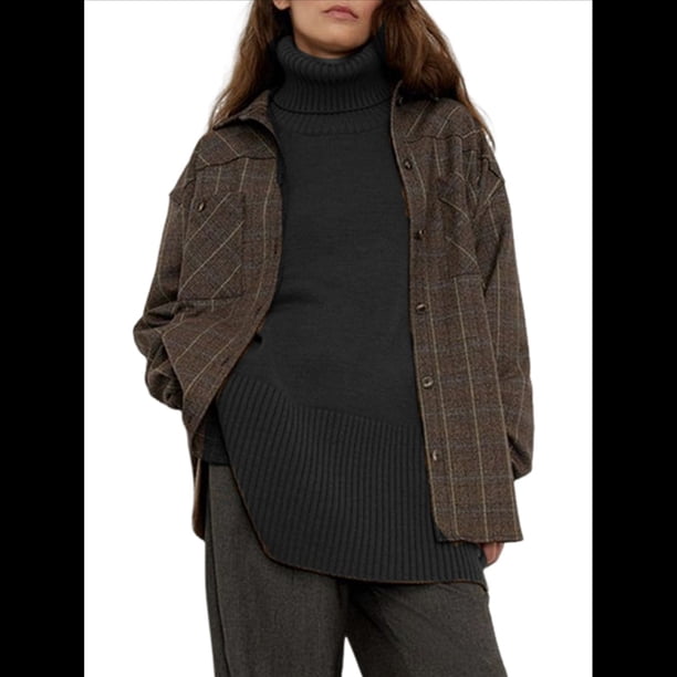 Suéter de Punto Holgado e Informal con Aberturas para Mujer, de Color Liso, con Cuello Alto, para Otoño e Invierno. Negro M