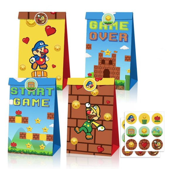 24PCS Game Mario Party Bags with Stickers, Game Mario Small Gift Bags, Game Mario Birthday Party Favors Bags for Girls Goodie Bags for Kids Birthday Party, Baby Shower, Halloween