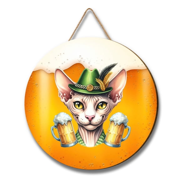 Best Sphynx Dad Proud Beer Lover Happy Oktoberfest Round Wood Sign Cat Lover Kitten Owner Gifts Idea Hanging Wall Home Decor - 02016