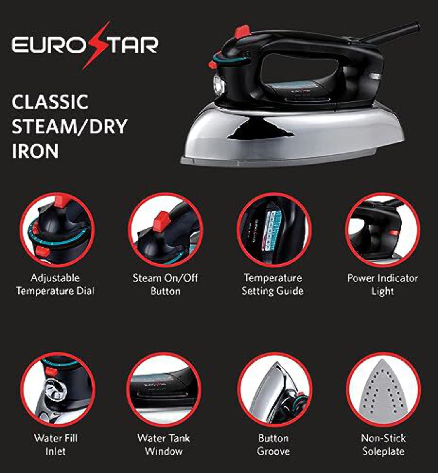 EUROSTAR IR900CL Classic Steam/Dry Anti-Drip Iron, Black