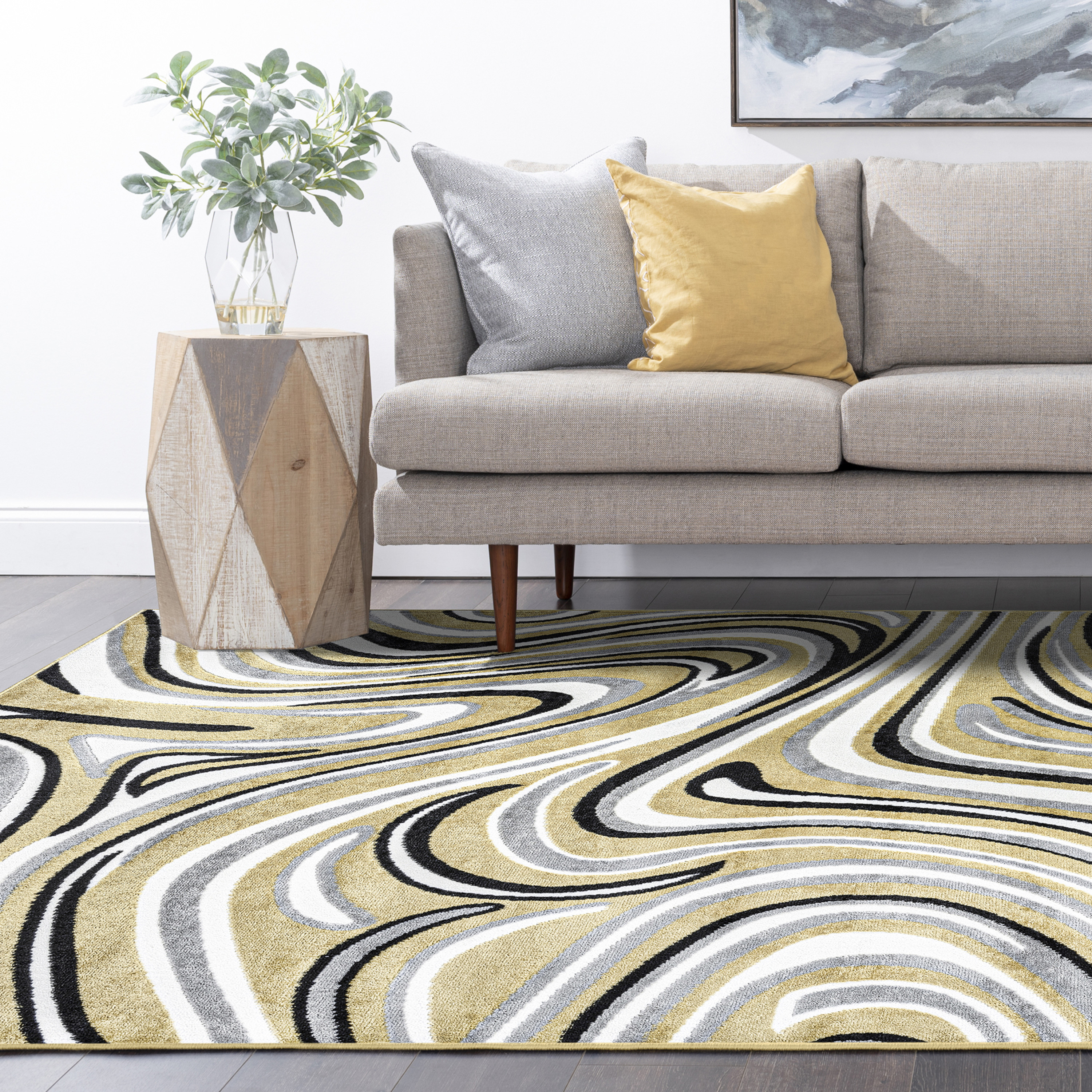 Contemporary 8x10 Area Rug (7'11'' x 10'3'') Abstract Yellow, Charcoal Living Room Easy to Clean