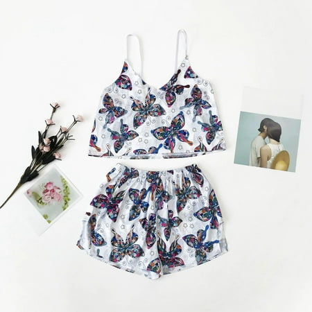 

Women s Suspender Vest Shorts Two Piece Set Women s Ice Silk Pajamas Cartoon Pattern Printed Home Clothes Women s Pajamas Size M