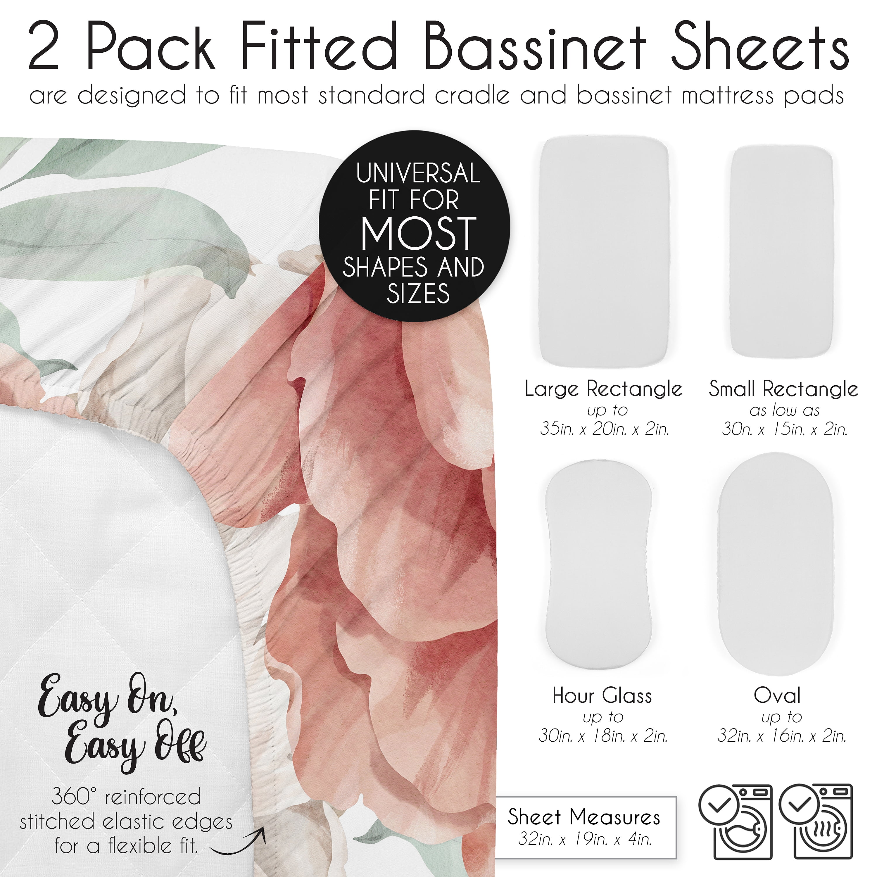 Sweet Jojo Designs Peony Floral Garden Pink Ivory and Green Baby Bassinet Fitted Sheets 2 Piece Set