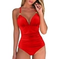 thumbnail image 3 of Swimsuit Women One Piece V Necks Tummy Control Ruched Swimwear Halter Bathing Suit, 3 of 7