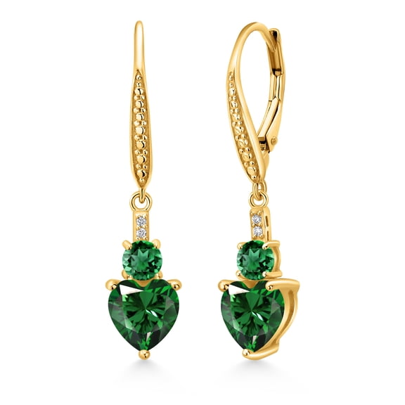 Gem Stone King 18K Yellow Gold Plated Silver Green Nano Emerald and White Lab Grown Diamond Drop Dangle Earrings for Women (2.63 Cttw, Heart Shape 7MM, Round 4MM)