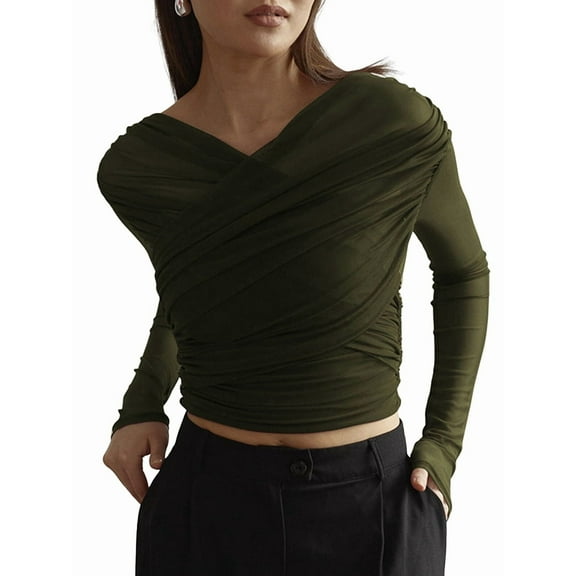 Women'S Trendy V-Neck Long Sleeve Sheer Mesh Ruched Going Out Tops Green M