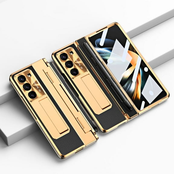 Haobuy Kickstand Case Compatible with Samsung Galaxy Z Fold 5 with Screen Protector S Pen Shockprood Cover-Gold Black