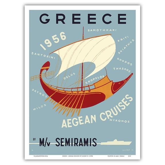 Greece - Aegean Cruises - by M/V Semiramis - Greek islands - Vintage Ocean Liner Travel Poster by Ilissos N. c.1956 - Master Art Print (Unframed) 9in x 12in