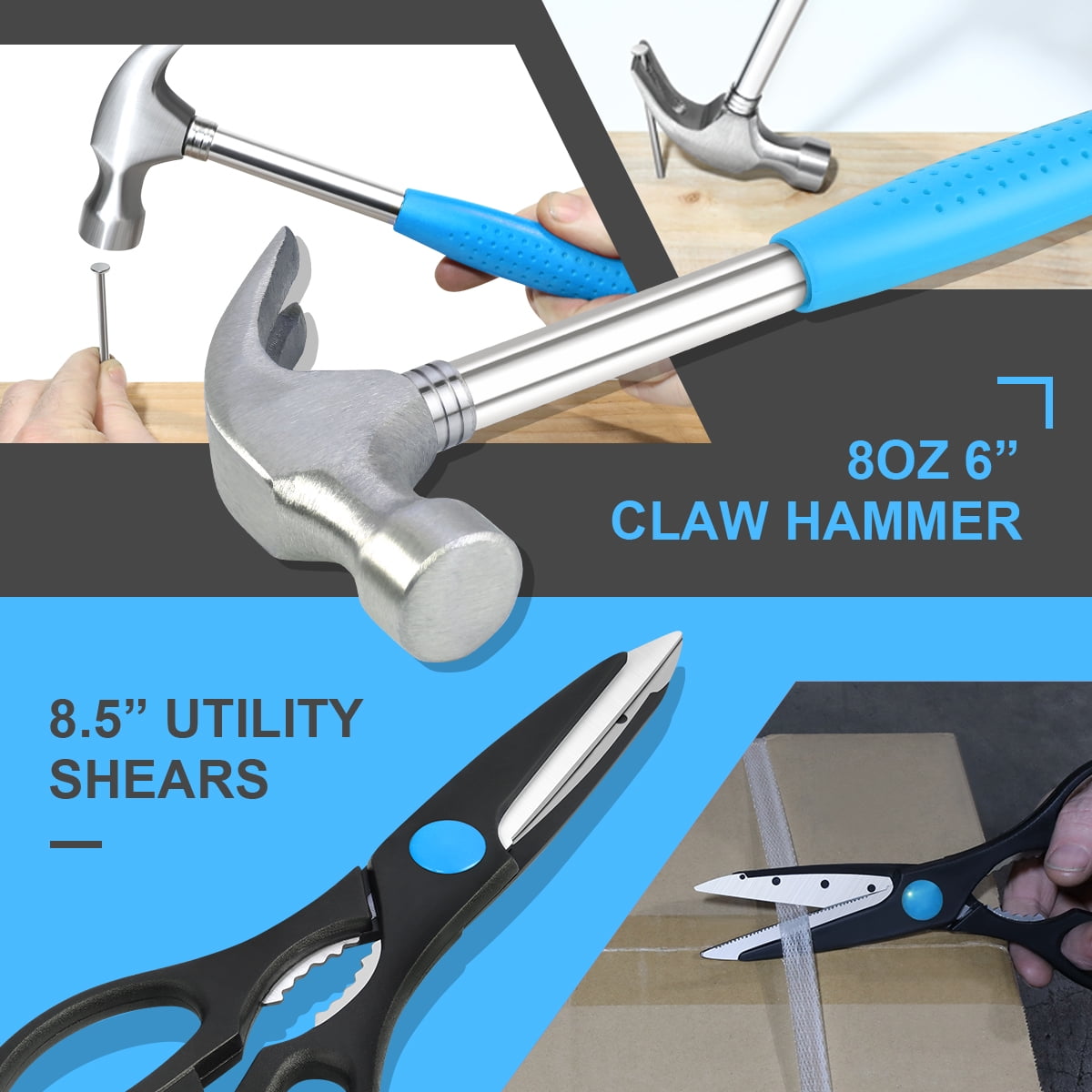 DNA Motoring 39-Piece Portable Tool Kit with Screwdriver, Pliers, Hammer, and Hex Set for Household Repairs