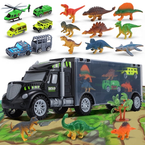 JoyStone Dinosaurs Truck, Dino Transport Car Carrier Truck Toy with 12 Mini Dinosaur Figures and 4 Cars, Dino Park Toy Birthday Gift for 3  Year Old Boys and Toddlers