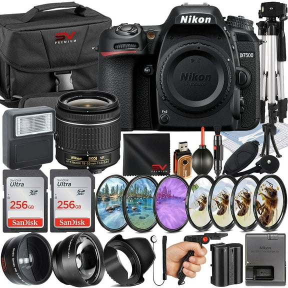 Nikon D7500 Mirrorless Camera with 18-55mm Lens   2 Pack SanDisk 256GB Memory Card   Pistol Grip Tripod   SV Premium Accessory Bundle (International Version)