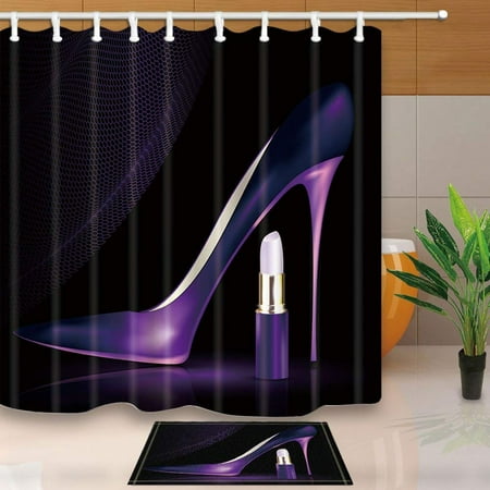 Up Shower Curtain ARTJIA Cosmetic and Make Up Decor Elegant Purple High Heels with Lipstick Shower Curtain 66x72 inches with Floor Doormat Bath Rugs 15.7x23.6 inches ()