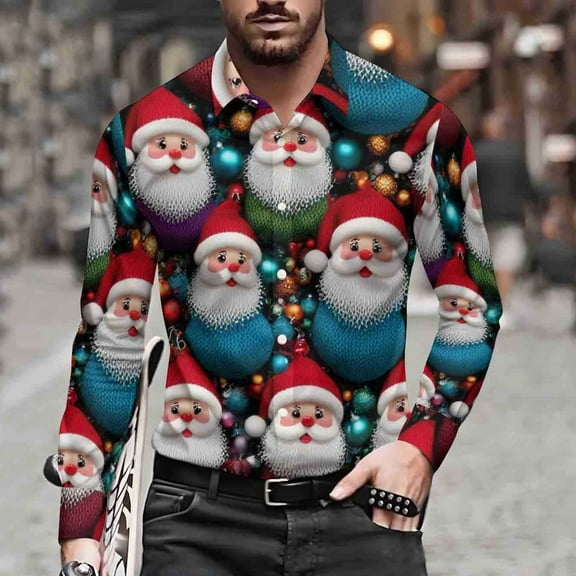 Muscularfit T-Shirts Festival Christmas Button Up Santa Dress Shirts Collared Long Sleeve Mens Polo Shirts,XL