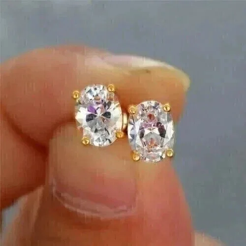Aishvi Jewels 2Ct Oval Cut Real Moissanite Solitaire Stud Earrings 14K Yellow Gold Plated