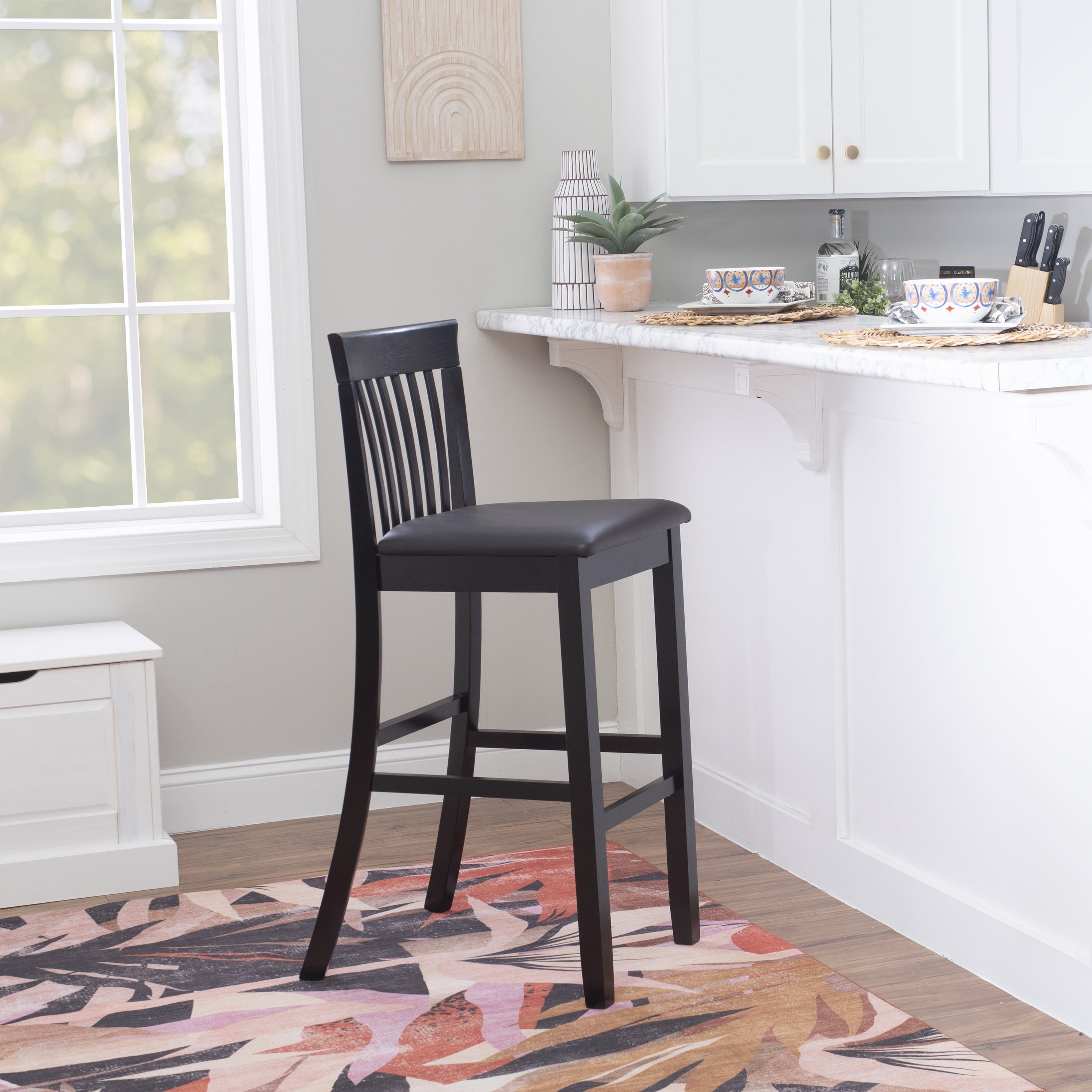 Linon Torino 30" Craftsman Indoor Wood Bar Stool, Black/Black Faux Leather