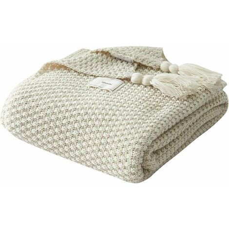 Manta de punto, cubrecama para sofá, mantel individual, manta nórdica suave y cálida con flecos hechos a mano para picnic en la playa, todas las estaciones (beige, 110 x 150 cm)