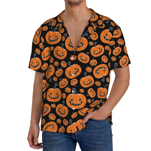 Balery Halloween Pumpkins Camisa Casual de Manga Corta con Botones para Hombre, Texturizada, Estilo Cubano, para Playa, Verano-Small