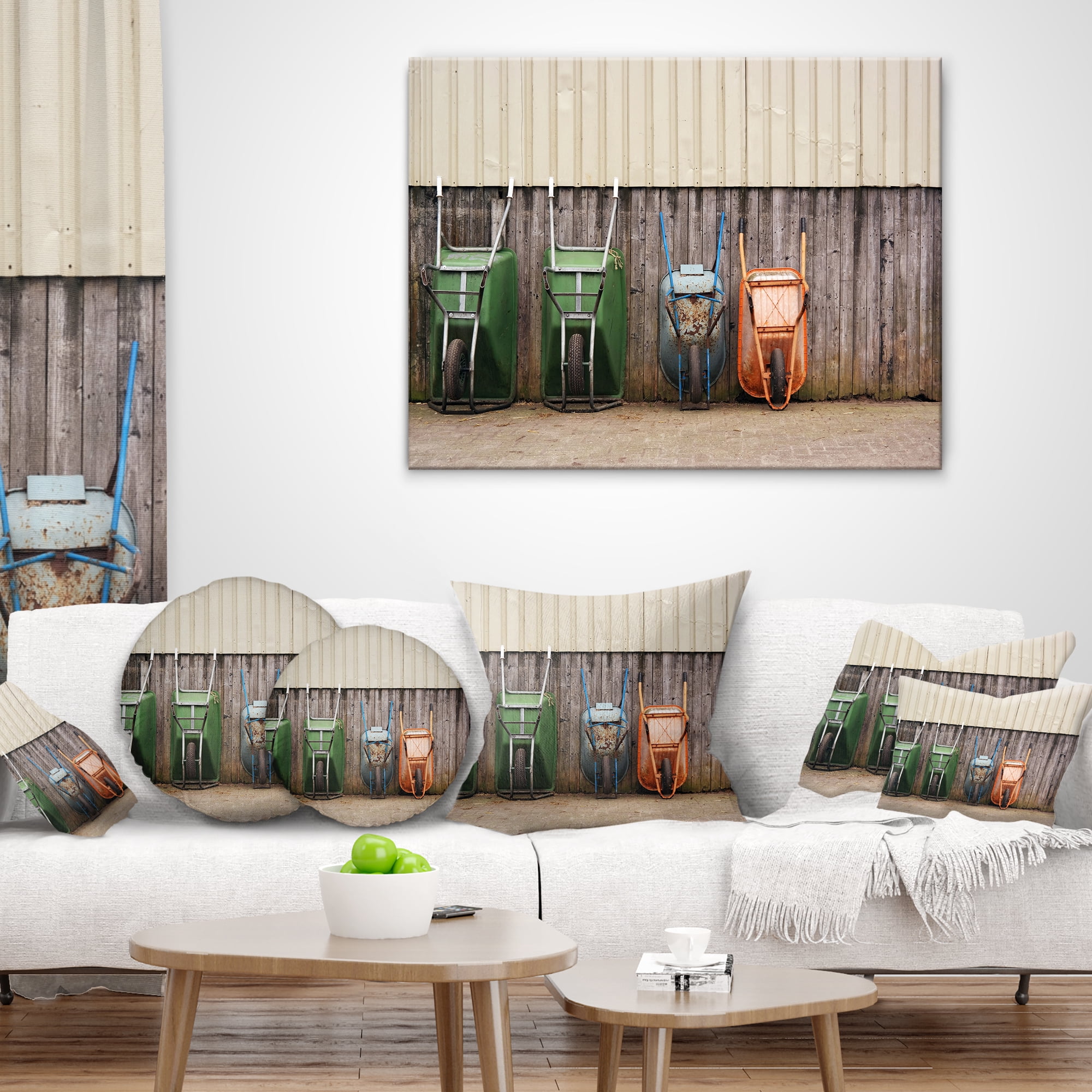 Designart Row of Wheelbarrows - Landscape Photo Throw Pillow - 12x20