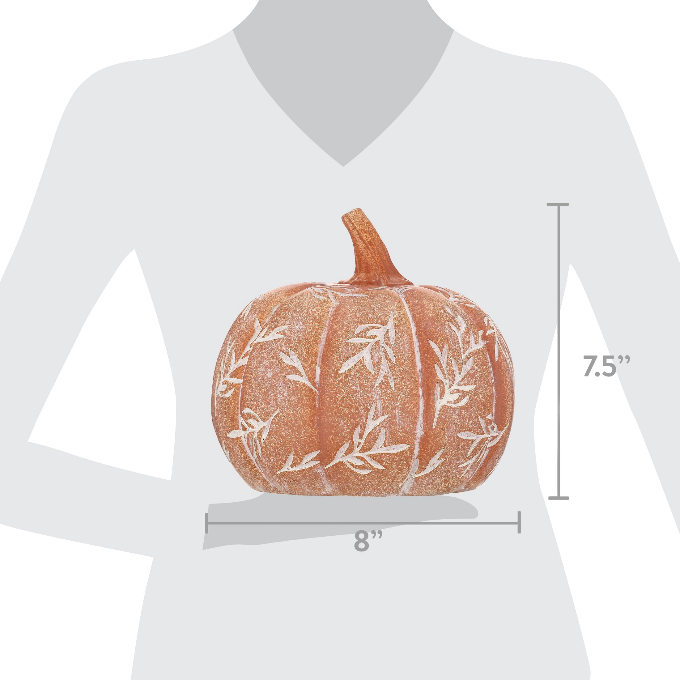Small Etched Leaf Resin Pumpkin Decoration, Orange and White, 7", Fall by Way To Celebrate