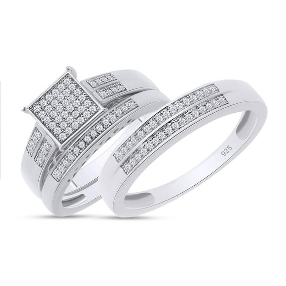 0.29 Carat Round White Lab Created Moissanite Diamond Matching Square Head Men's & Women's Engagement Trio Bridal Rings In 14K White Gold Over 925 Sterling Silver Women-4 Men-7