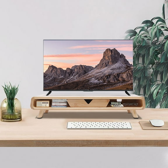 24" Bamboo Monitor Stand & Back Baffle Drawer Desktop Stand Riser 4.5" Height Wood Color for Office