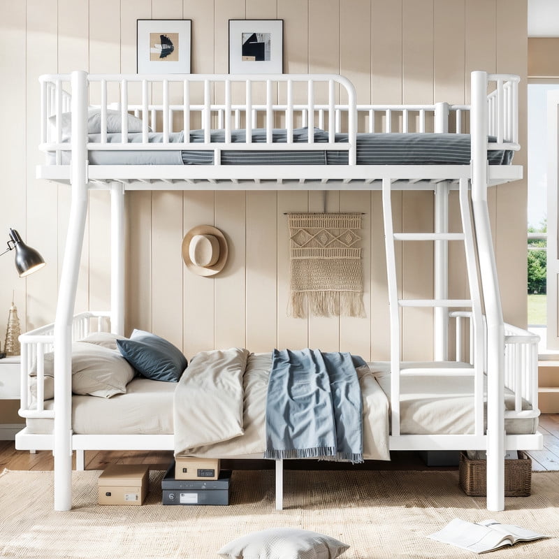 Twin-over-Full Teens Bunk Bed Can Transformed into 2 Platform Beds, Metal Kids Bed Frame with Round-Pipe, Ladder & Guardrails