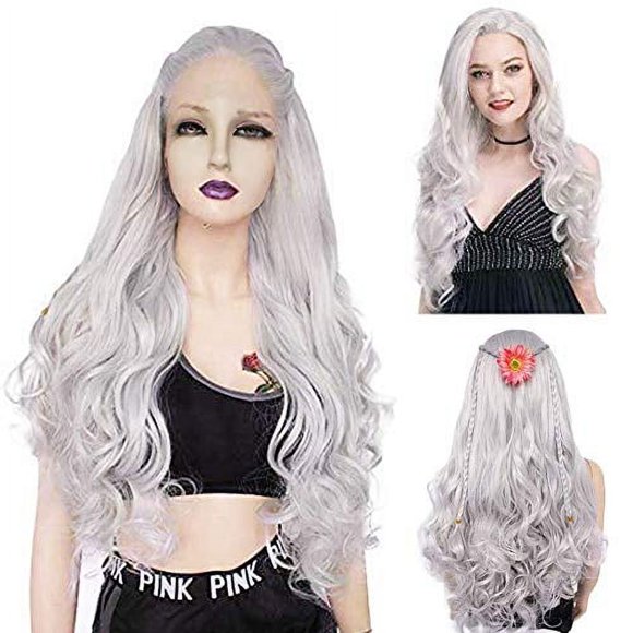 Ebingoo 24 Inch Silver White Gray Wig Middle Part Long Body Wave Synthetic Hair Wigs for Women(No Lace)