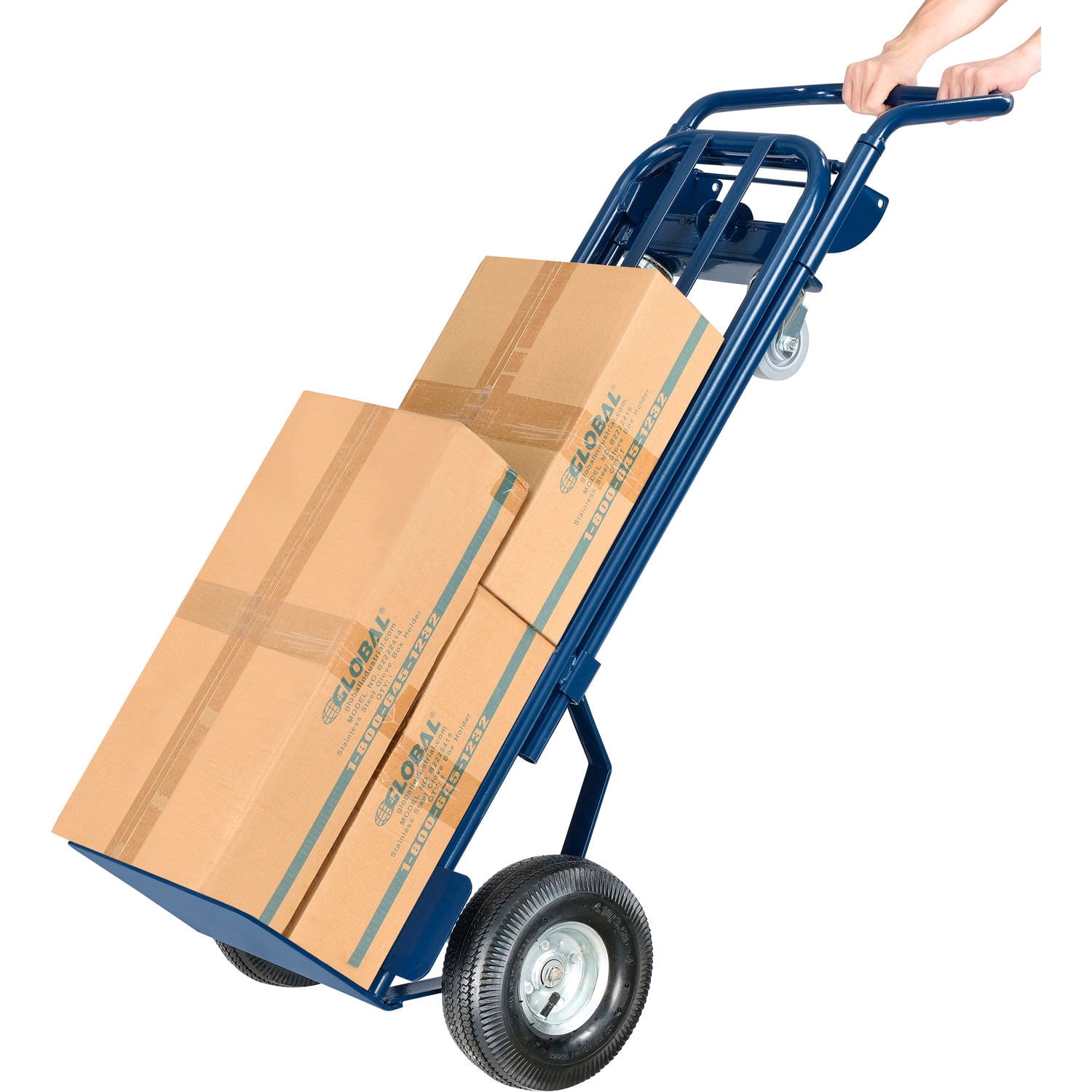 Global Industrial 185546 Steel 2-in-1 Convertible Hand Truck with Pneumatic Wheels, 600 lbs