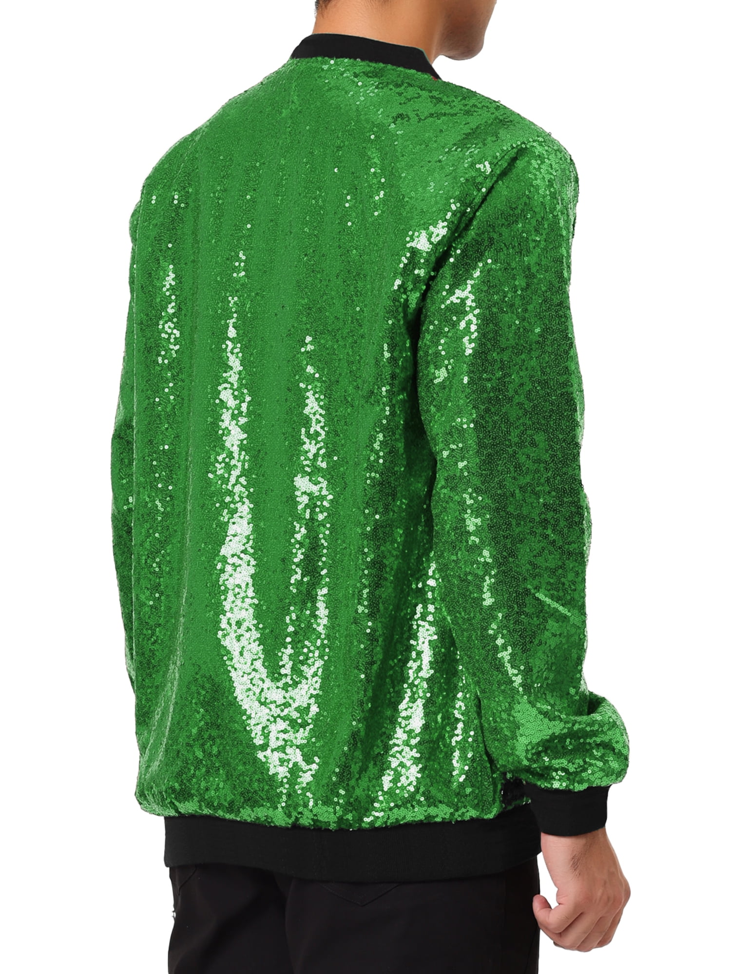 Unique Bargains Men's Long Sleeves Sequin Varsity Zipper Bomber Jacket S Light Green