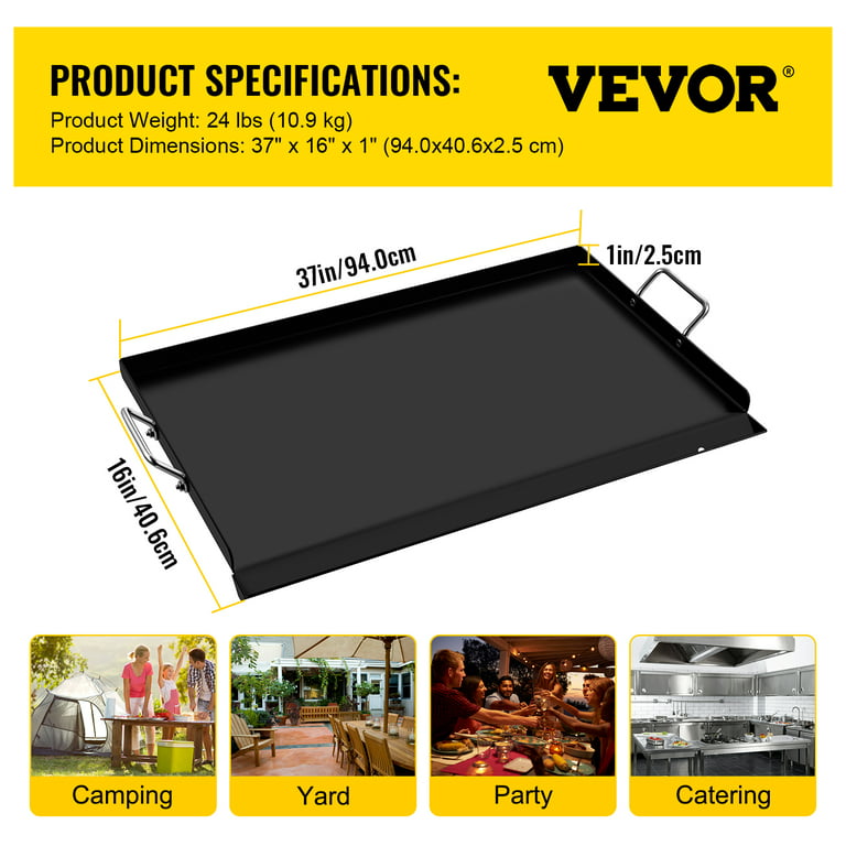 VEVOR 16 x 37 Heavy Duty Steel Stove Top Griddle for Stove with 2 Handles  & with Extra Drain Hole for BBQ Charcoal/Gas Grills 