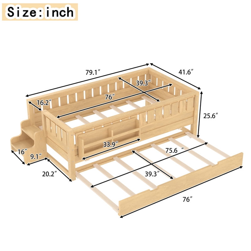 Bellemave Twin Bed with Trundle and Small Stairs, Twin Size Platform Bed Frame with Rail and Bookshelf, Wooden Montessori Floor Bed No Box Spring Needed,Light Natural