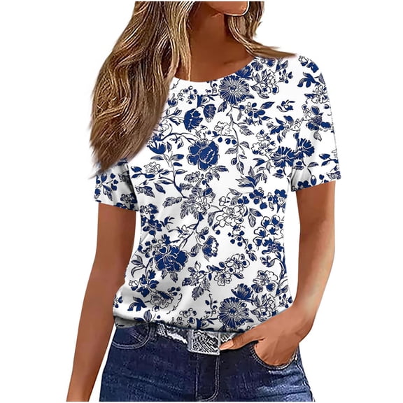 Women's Boho Floral Print Short Sleeve T-Shirt - Round Neck Loose Fit Casual Summer Blouse Tops T Shirts Women Casual Floral Shirt