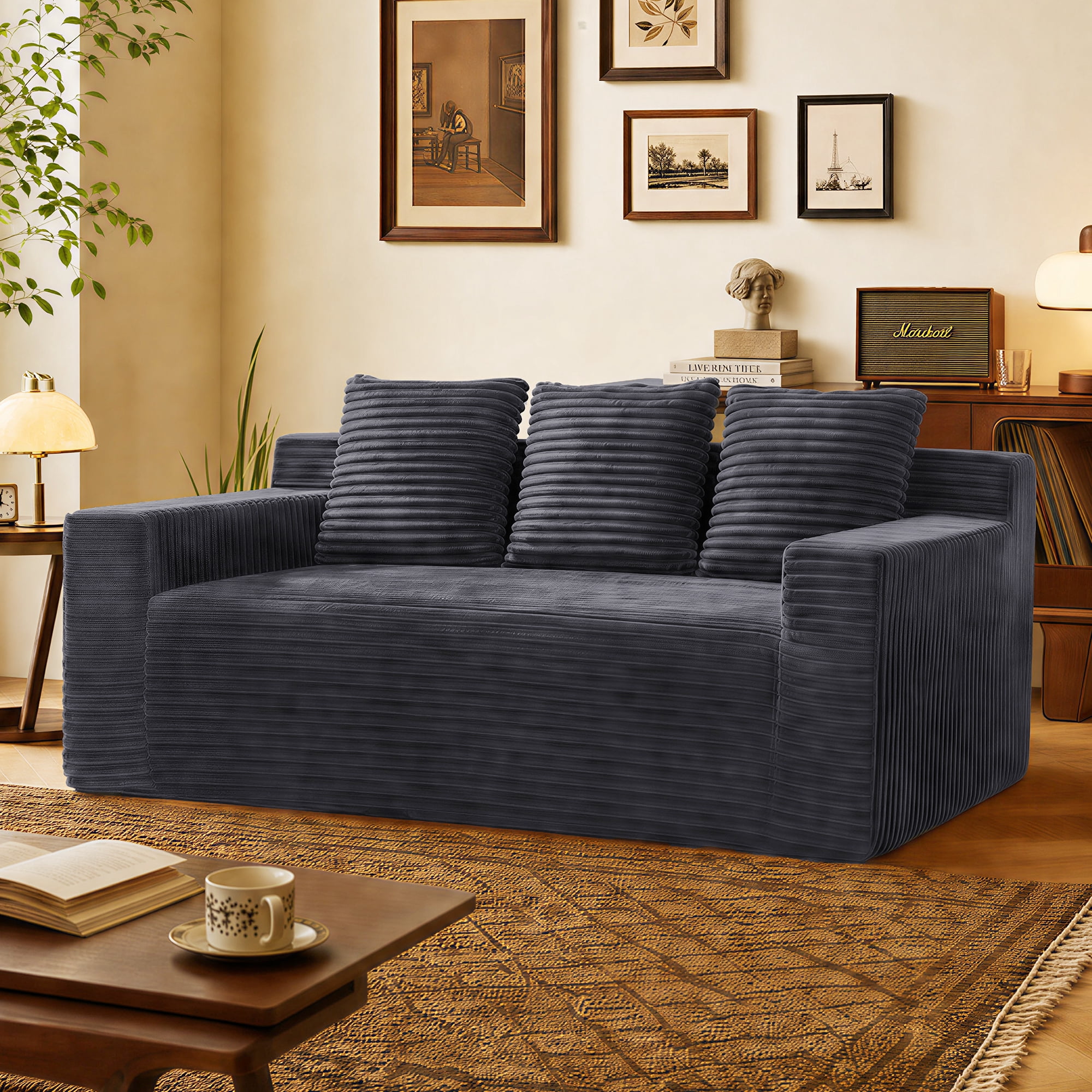 Leumius 72.2" 3-Setaser Sofa with Corduroy Fabric, Deep Seat Couches, Comfy Loveseat Sofa, No Assembly for Living Room Bedroom Conference Room Apartment Dark Grey