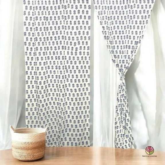New Era Creation Blue and Grey Cotton Lining Hand Block Print Curtain for Bedroom,Custom Size Drapery for livingroom,Rod Pocket,Rod Pocket with Header,Eyelets,Tie Top