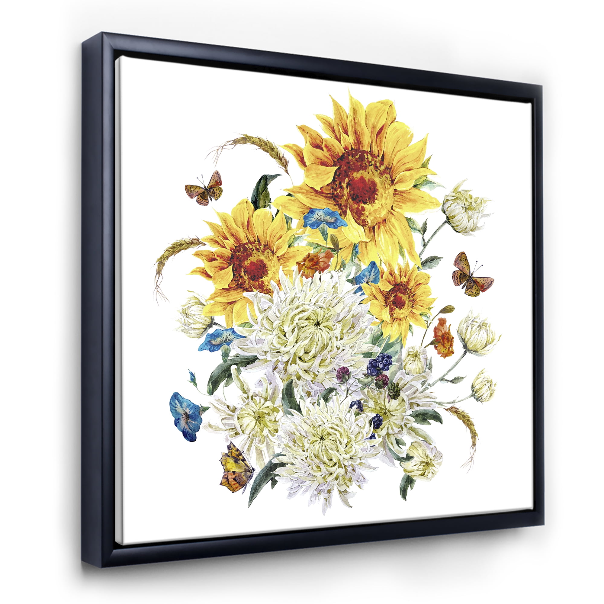 Designart 'Ancient Chrysanthemums and Sunflowers' Traditional Framed Canvas Wall Art Print