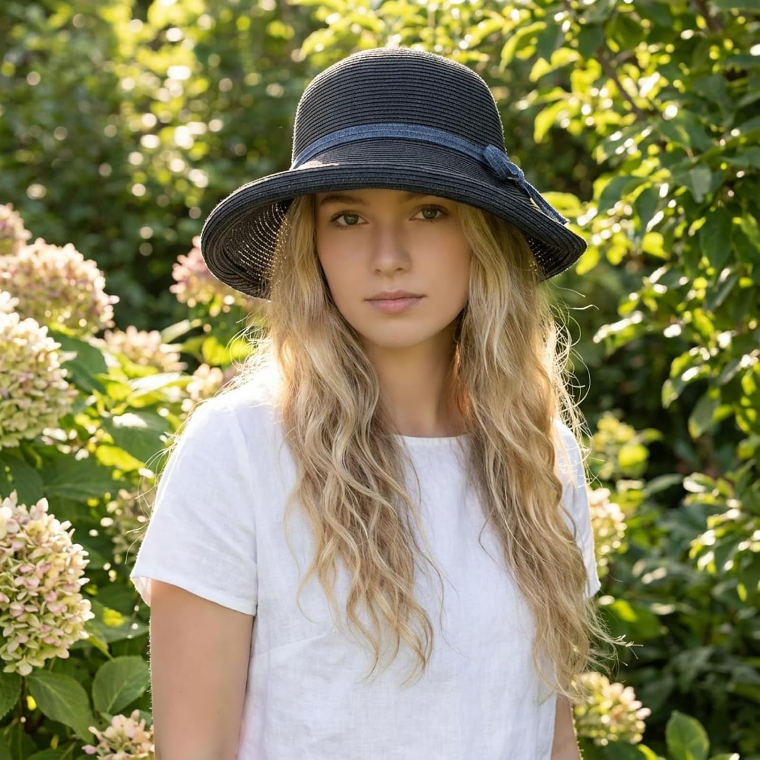 Kukuzhu Straw Bonnet Hat for Women, Wide Brim Foldable Packable Sun Bucket Hat UPF50+ Summer Beach Cap for Travel Outdoor