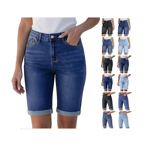 Denim Shorts Women High Waisted Tummy Control Denim Shorts Long Stretchy Casual Jean Short with Pockets