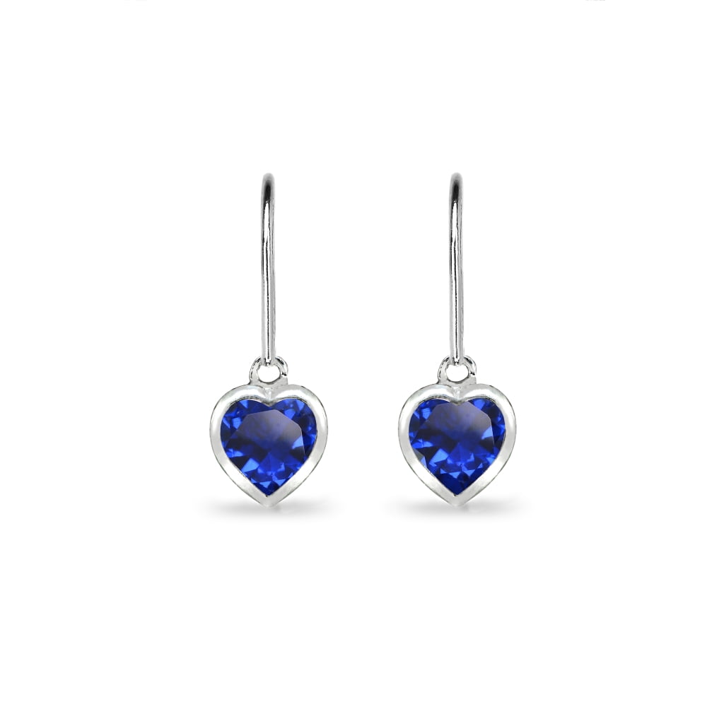 Created Blue Sapphire 6mm Heart Bezel Dangle Leverback Earrings in Sterling Silver