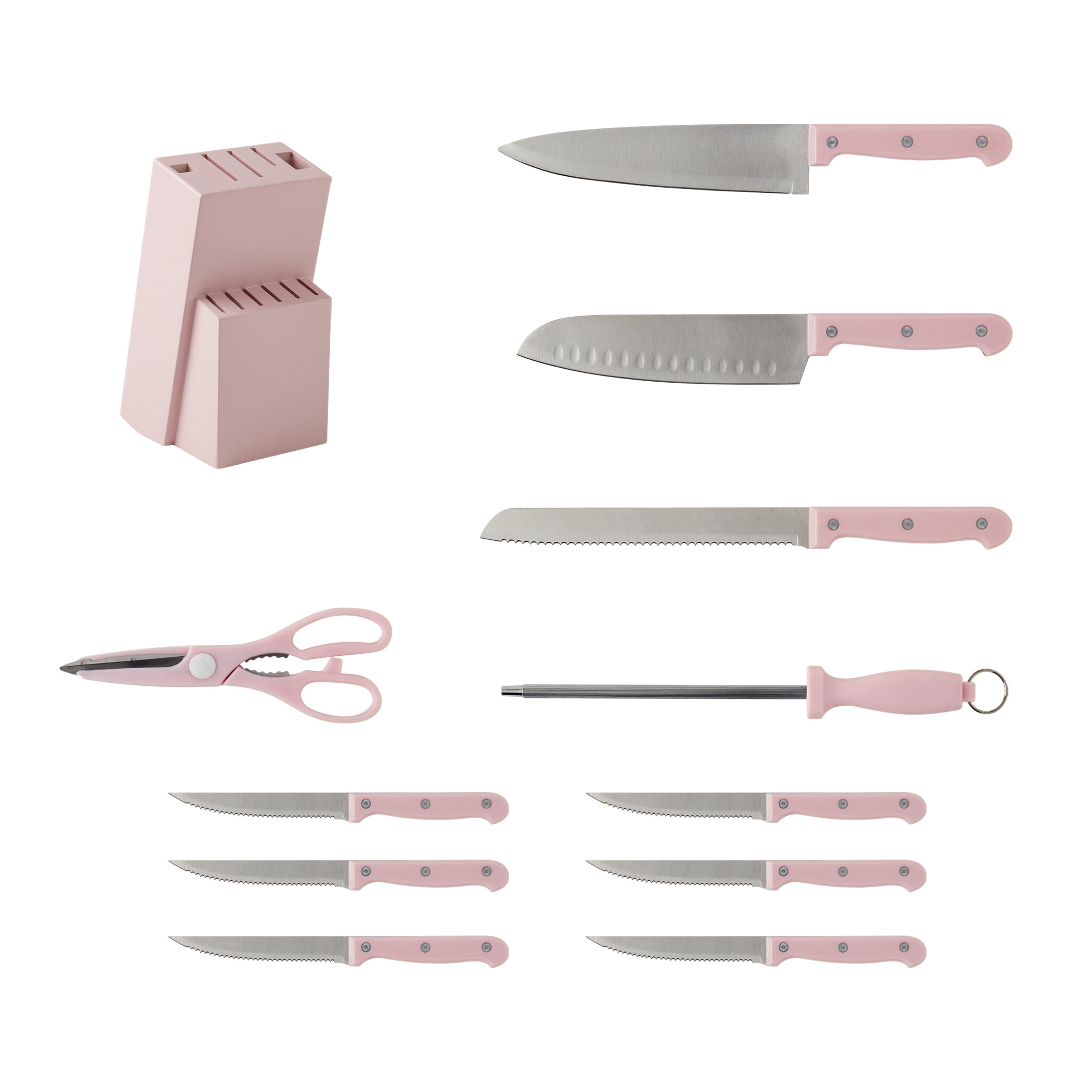 Basic Essentials 12 Piece Stainless Steel Kitchen Knife Set with Wood Block, Pink